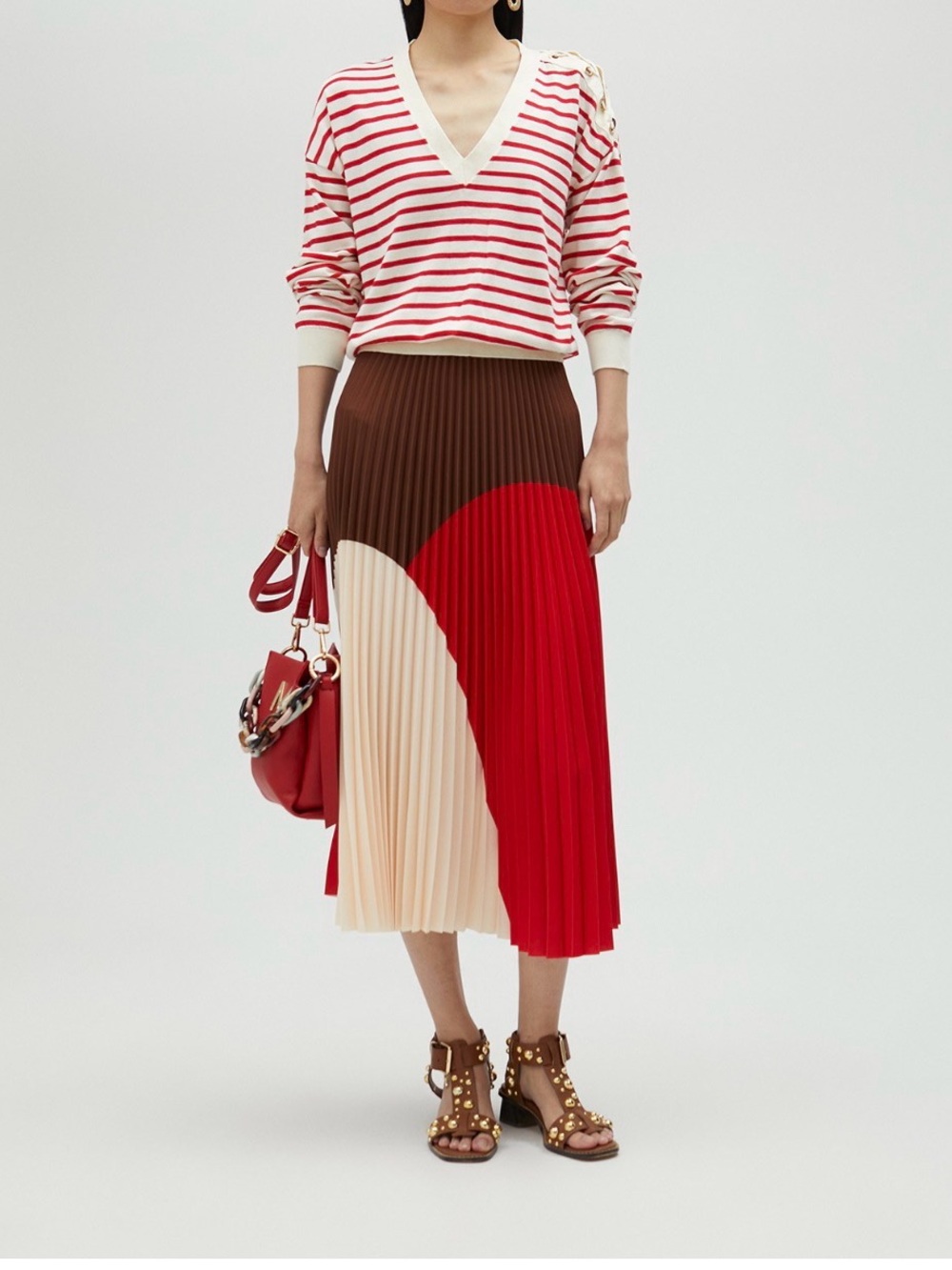 Lola Casademunt- Pleated Colorblock Midi Skirt in Red, Brown & Cream